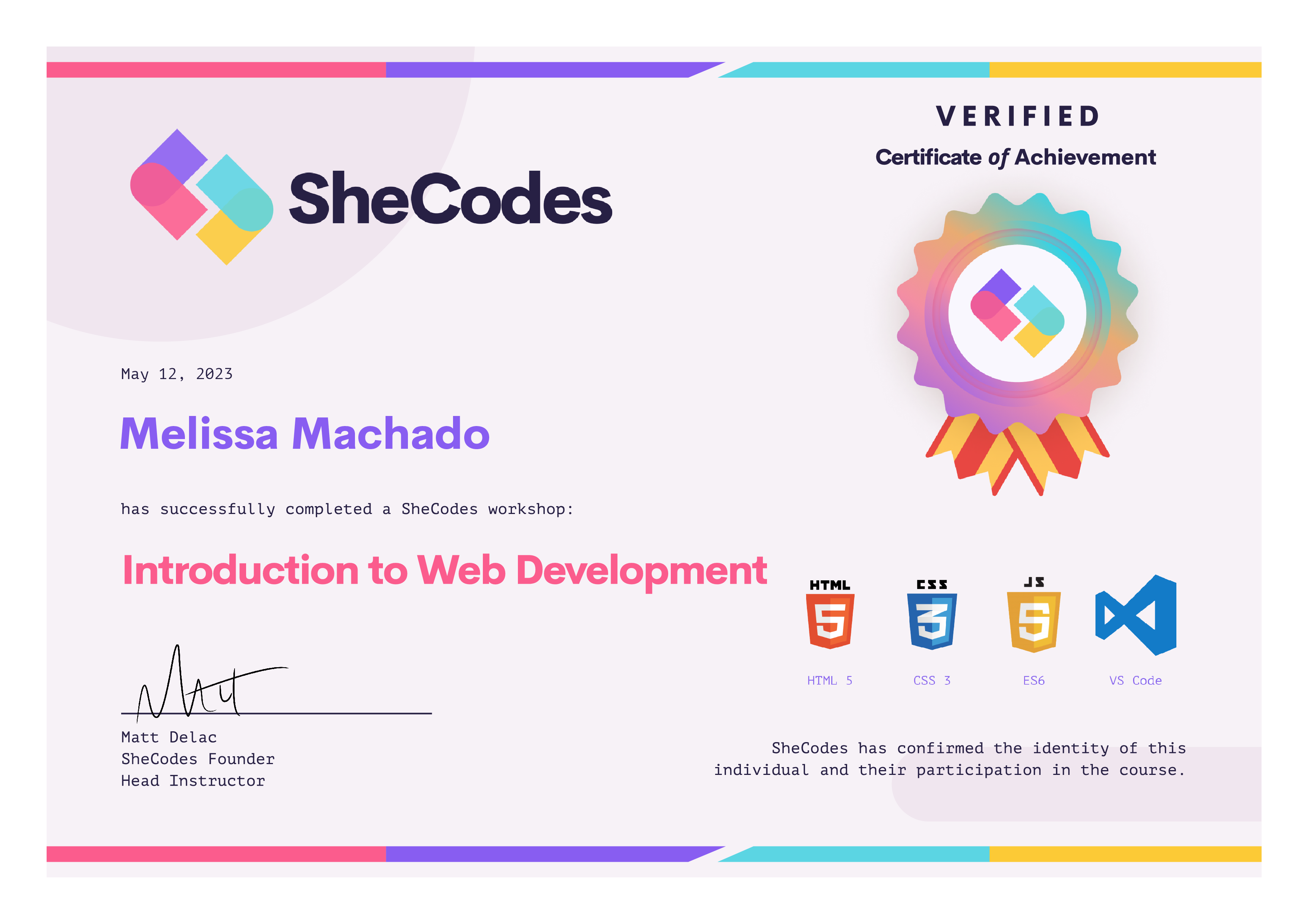 SheCodes Basic Add-On Certificate
